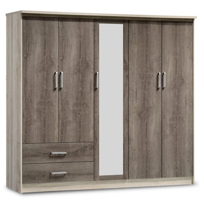 Dulap Olympus Cu 5 Uși Și Sertare + Oglindă Culoare Castillo-Toro 198x57x183 cm Dulap Olympus Cu 5 Uși Și Sertare + Oglindă Culoare Castillo-Toro 198x57x183 cm