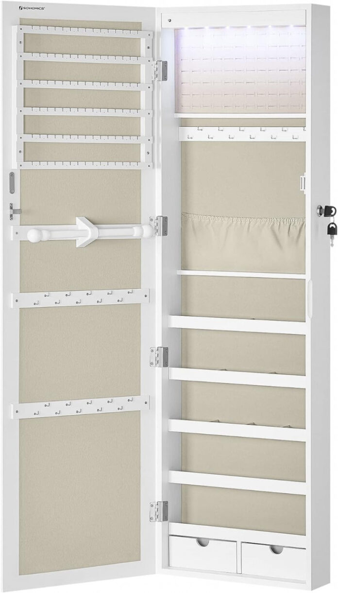 Dulap pentru bijuterii cu oglinda Model Herring, Alb/Bej, 37x10x120 cm Dulap pentru bijuterii cu oglinda Model Herring, Alb/Bej, 37x10x120 cm