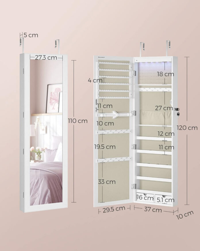 Dulap pentru bijuterii cu oglinda Model Herring, Alb/Bej, 37x10x120 cm Dulap pentru bijuterii cu oglinda Model Herring, Alb/Bej, 37x10x120 cm