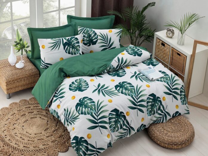 Lenjerie de pat dublu Model Monstera Green Lenjerie de pat dublu Model Monstera Green