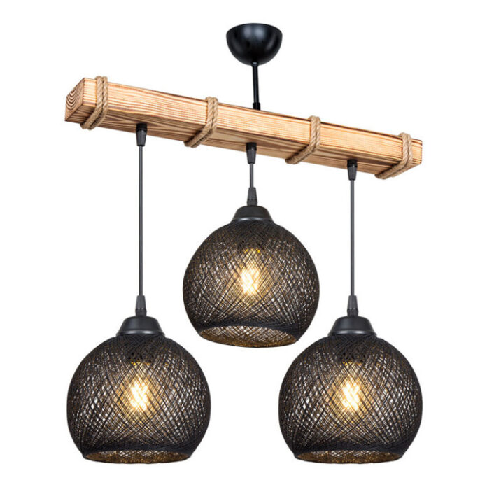 Lustra cu trei lumini PWL-1120, E27 negru-natural, 50x20x63 cm Lustra cu trei lumini PWL-1120, E27 negru-natural, 50x20x63 cm