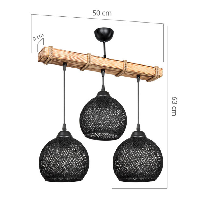 Lustra cu trei lumini PWL-1120, E27 negru-natural, 50x20x63 cm Lustra cu trei lumini PWL-1120, E27 negru-natural, 50x20x63 cm