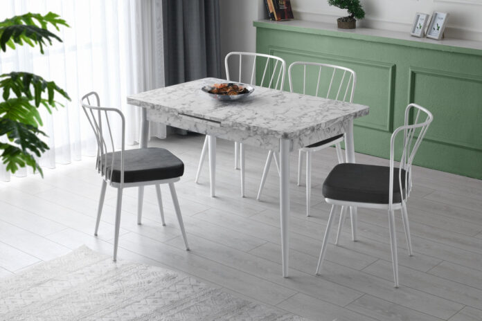 Masa Extensibila Model Nellie, 120-150x70x75 cm, Alb marmorat Masa Extensibila Model Nellie, 120-150x70x75 cm, Alb marmorat