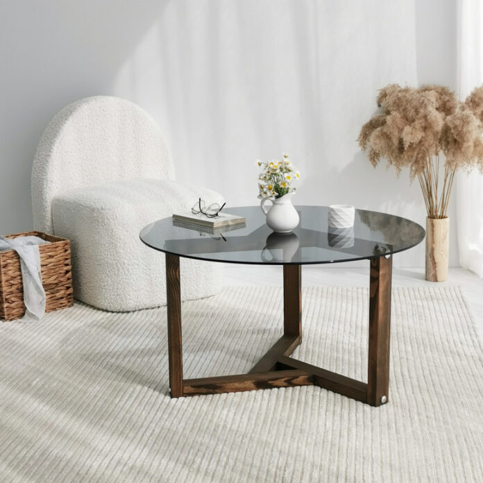 Masuta de Cafea Model Alaia, 75x75x40 cm, Gri/Nuc, Lemn masiv, Blat Sticla securizata Masuta de Cafea Model Alaia, 75x75x40 cm, Gri/Nuc, Lemn masiv, Blat Sticla securizata