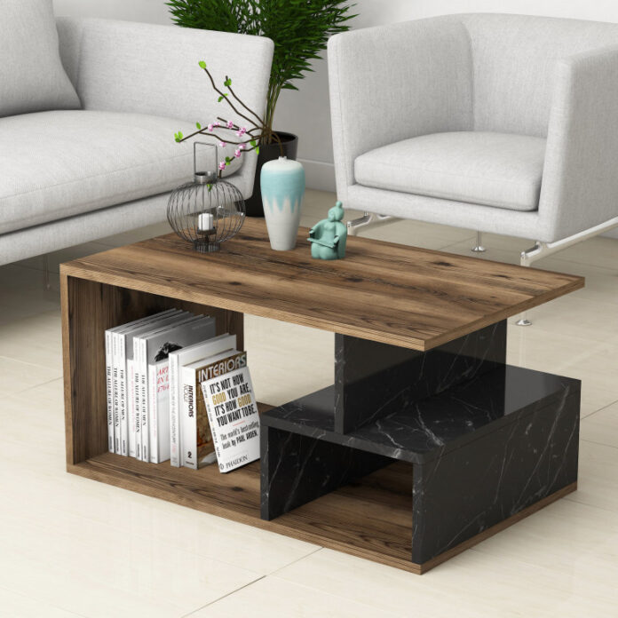 Masuta de Cafea Model Alfaro, 90x42x54 cm, Nuc/Negru marmorat Masuta de Cafea Model Alfaro, 90x42x54 cm, Nuc/Negru marmorat