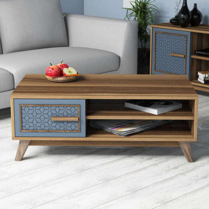 Masuta de Cafea Model Boyer, 105x60x38.2 cm, Nuc/Albastru Masuta de Cafea Model Boyer, 105x60x38.2 cm, Nuc/Albastru