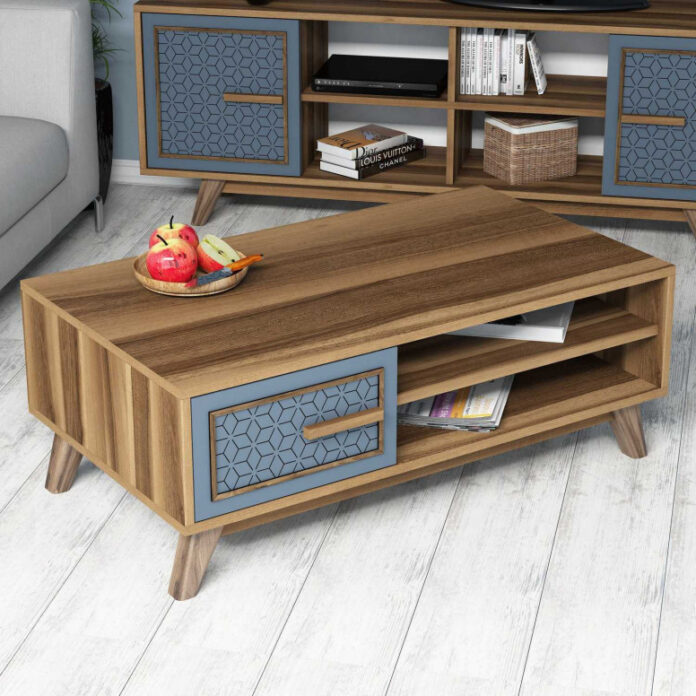 Masuta de Cafea Model Boyer, 105x60x38.2 cm, Nuc/Albastru Masuta de Cafea Model Boyer, 105x60x38.2 cm, Nuc/Albastru