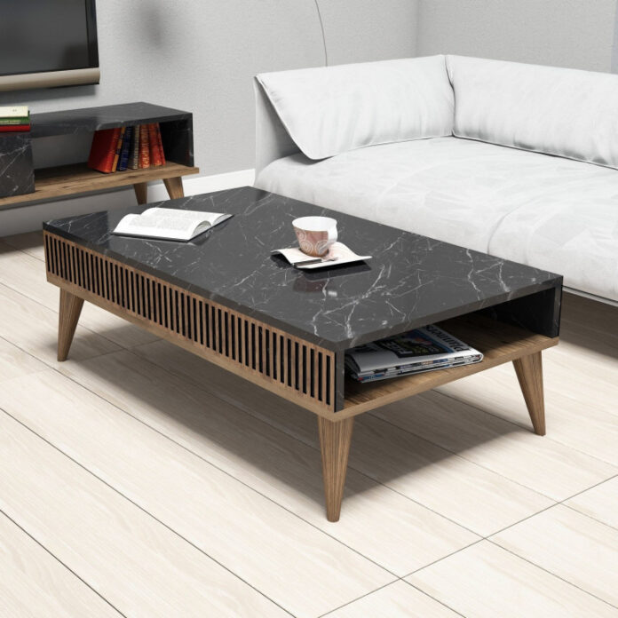 Masuta de Cafea Model Cantu, 105x60x34.6 cm, Nuc/Negru marmorat Masuta de Cafea Model Cantu, 105x60x34.6 cm, Nuc/Negru marmorat
