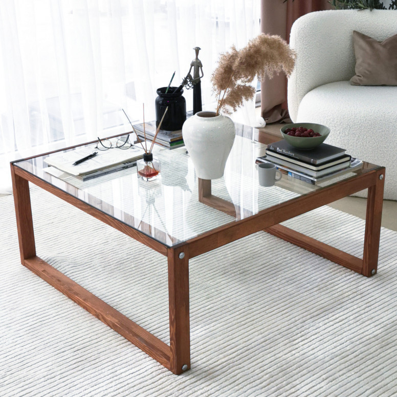 Masuta de Cafea Model Conor, 90x90x40 cm, Cires, Lemn masiv, Blat Sticla securizata Masuta de Cafea Model Conor, 90x90x40 cm, Cires, Lemn masiv, Blat Sticla securizata