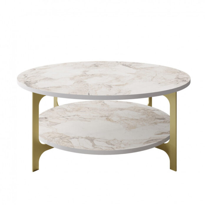Masuta de Cafea Model Davidson, 90x90x36.8 cm, Auriu/Alb marmorat