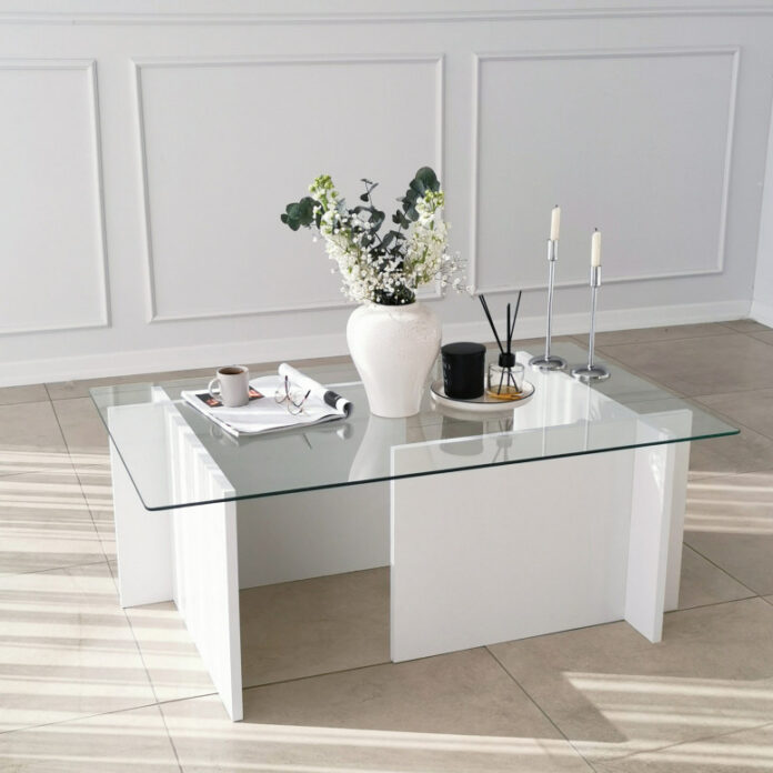 Masuta de Cafea Model Dougherty, 105x65x40 cm, Alb, Blat Sticla securizata Masuta de Cafea Model Dougherty, 105x65x40 cm, Alb, Blat Sticla securizata