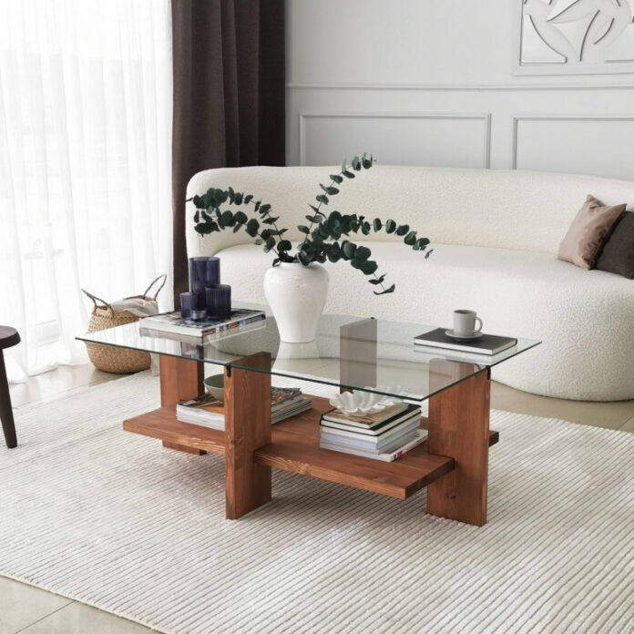 Masuta de Cafea Model Finley, 105x60x40 cm, Molid, Lemn masiv, Blat Sticla securizata Masuta de Cafea Model Finley, 105x60x40 cm, Molid, Lemn masiv, Blat Sticla securizata