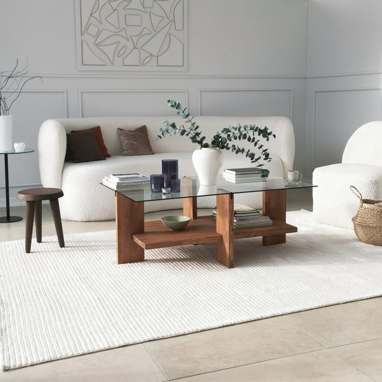 Masuta de Cafea Model Finley, 105x60x40 cm, Molid, Lemn masiv, Blat Sticla securizata Masuta de Cafea Model Finley, 105x60x40 cm, Molid, Lemn masiv, Blat Sticla securizata
