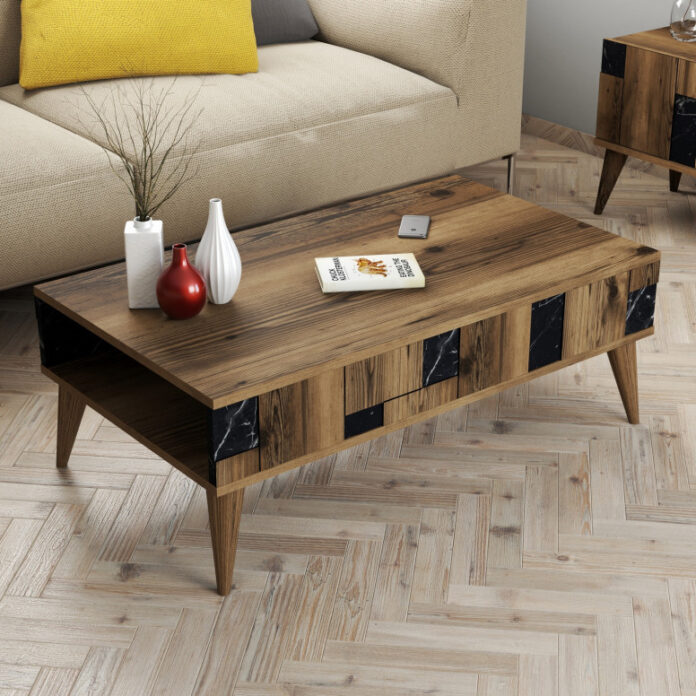 Masuta de Cafea Model Gill, 105x60x37.6 cm, Nuc/Negru Masuta de Cafea Model Gill, 105x60x37.6 cm, Nuc/Negru