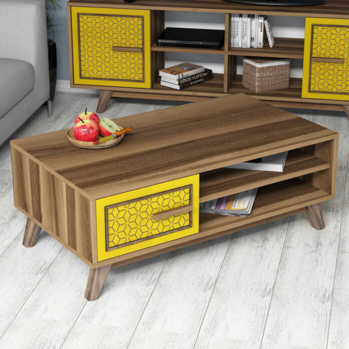 Masuta de Cafea Model Hart, 105x60x38.2 cm, Nuc/Galben