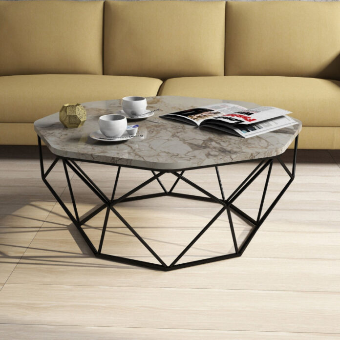 Masuta de Cafea Model Kent, 90x90x38 cm, Alb marmorat/Negru Masuta de Cafea Model Kent, 90x90x38 cm, Alb marmorat/Negru
