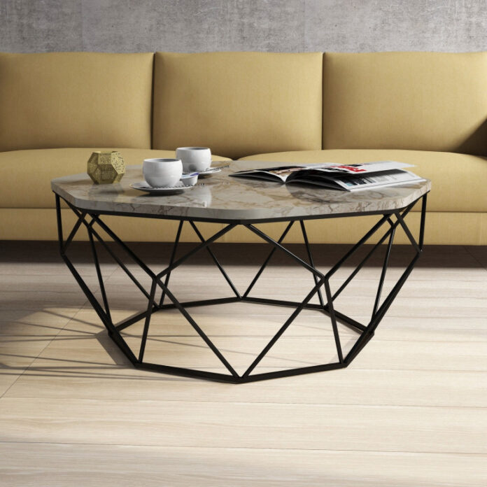 Masuta de Cafea Model Kent, 90x90x38 cm, Alb marmorat/Negru Masuta de Cafea Model Kent, 90x90x38 cm, Alb marmorat/Negru