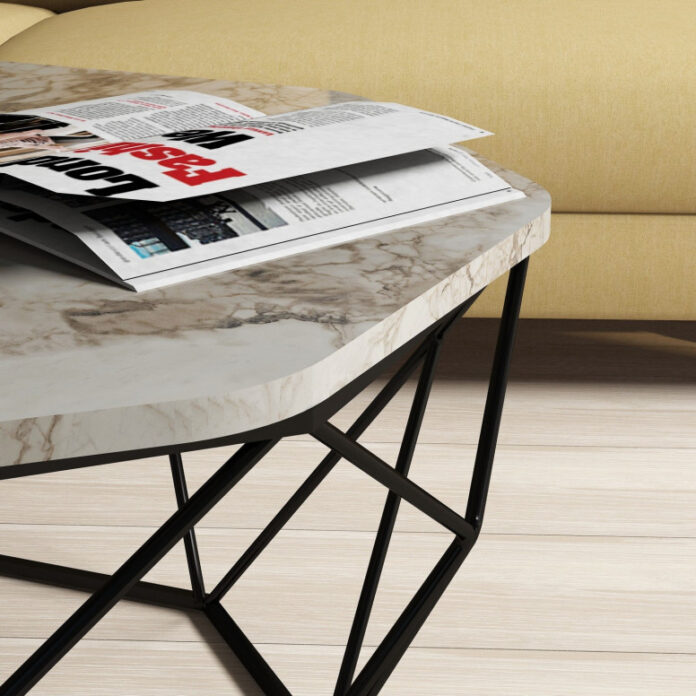 Masuta de Cafea Model Kent, 90x90x38 cm, Alb marmorat/Negru Masuta de Cafea Model Kent, 90x90x38 cm, Alb marmorat/Negru