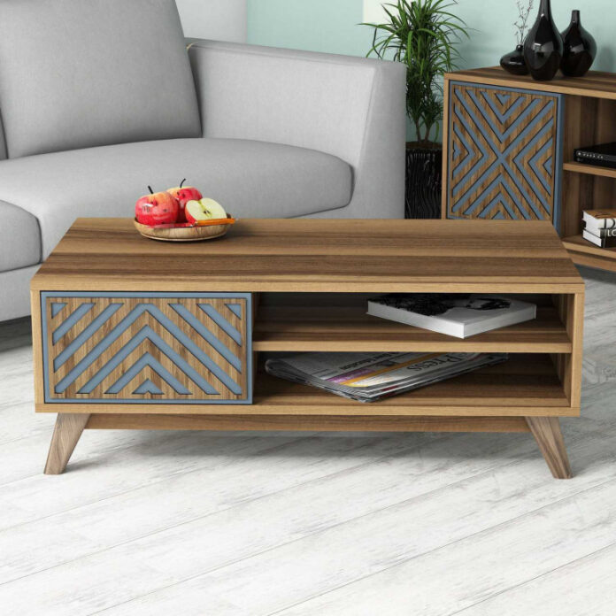 Masuta de Cafea Model Larson, 105x60x38.2 cm, Nuc/Albastru Masuta de Cafea Model Larson, 105x60x38.2 cm, Nuc/Albastru
