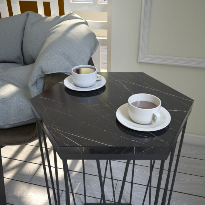 Masuta de Cafea Model Macias, 40x35x62 cm, Negru marmorat/Negru Masuta de Cafea Model Macias, 40x35x62 cm, Negru marmorat/Negru