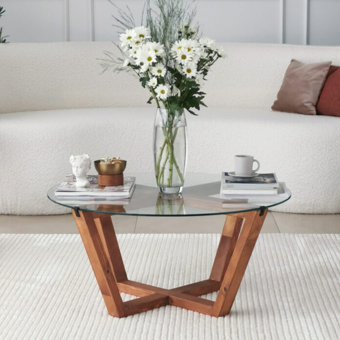 Masuta de Cafea Model Maryam, 75x75x35 cm, Cires, Lemn masiv, Blat Sticla securizata