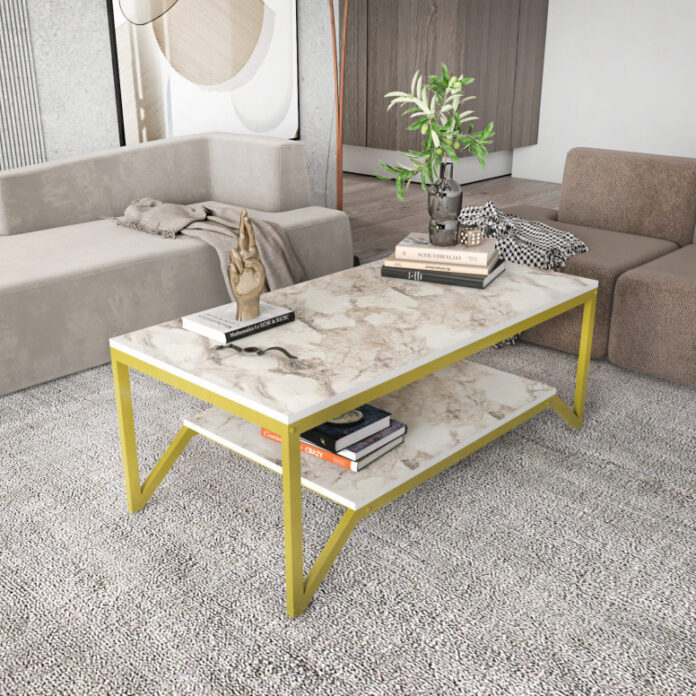 Masuta de Cafea Model Nina, 120x60x45.8 cm, Auriu/Alb marmorat Masuta de Cafea Model Nina, 120x60x45.8 cm, Auriu/Alb marmorat
