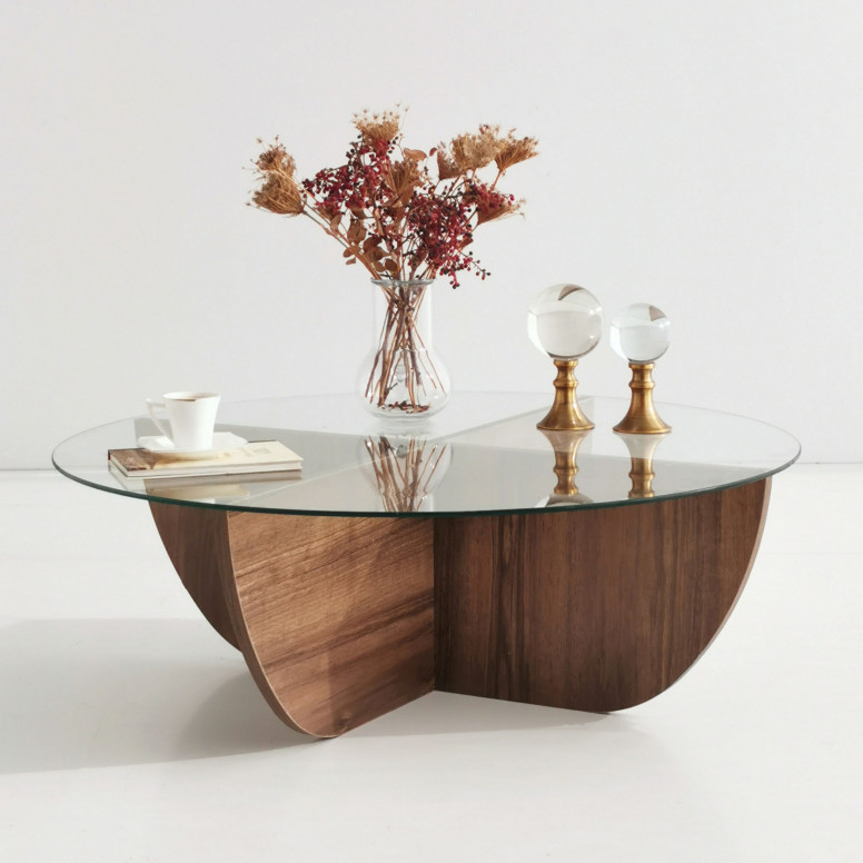 Masuta de Cafea Model Ortiz, 90x90x30 cm, Nuc, Lemn masiv, Blat Sticla securizata Masuta de Cafea Model Ortiz, 90x90x30 cm, Nuc, Lemn masiv, Blat Sticla securizata