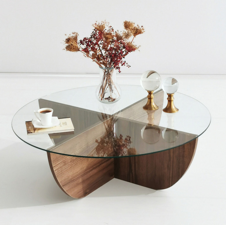 Masuta de Cafea Model Ortiz, 90x90x30 cm, Nuc, Lemn masiv, Blat Sticla securizata Masuta de Cafea Model Ortiz, 90x90x30 cm, Nuc, Lemn masiv, Blat Sticla securizata