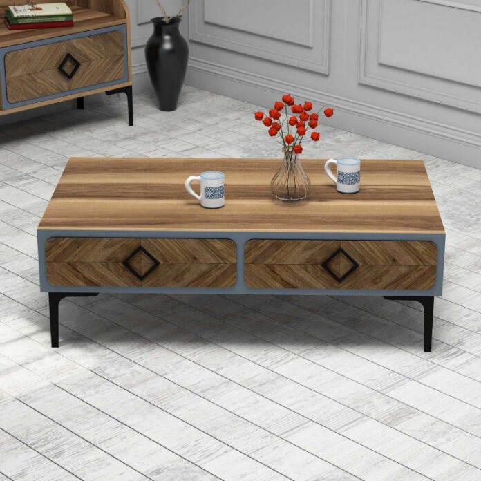 Masuta de Cafea Model Pitts, 105x60x34.6 cm, Nuc/Albastru Masuta de Cafea Model Pitts, 105x60x34.6 cm, Nuc/Albastru