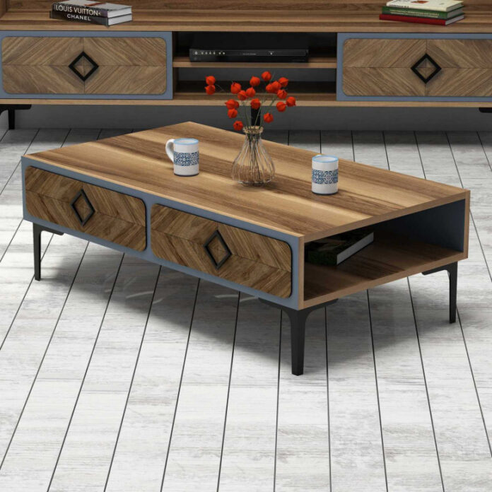 Masuta de Cafea Model Pitts, 105x60x34.6 cm, Nuc/Albastru Masuta de Cafea Model Pitts, 105x60x34.6 cm, Nuc/Albastru