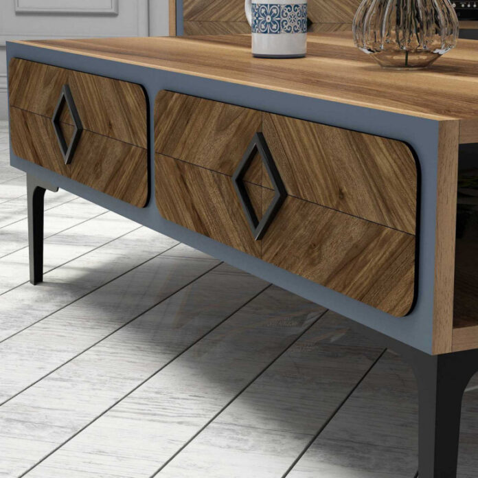 Masuta de Cafea Model Pitts, 105x60x34.6 cm, Nuc/Albastru Masuta de Cafea Model Pitts, 105x60x34.6 cm, Nuc/Albastru