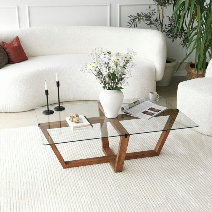 Masuta de Cafea Model Princess, 105x65x35 cm, Nuc, Blat Sticla securizata