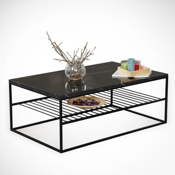 Masuta de Cafea Model Ray, 95x55x43 cm, Negru marmorat/Negru
