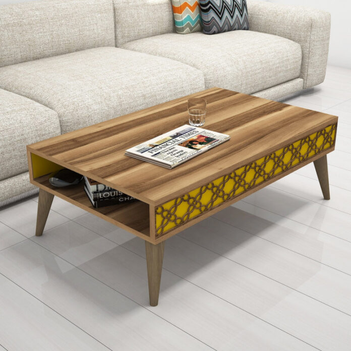 Masuta de Cafea Model Trevino, 105x60x36.6 cm, Nuc/Galben Masuta de Cafea Model Trevino, 105x60x36.6 cm, Nuc/Galben