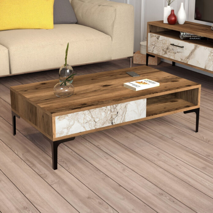 Masuta de Cafea Model Walker, 105x60x32.6 cm, Nuc/Alb marmorat Masuta de Cafea Model Walker, 105x60x32.6 cm, Nuc/Alb marmorat
