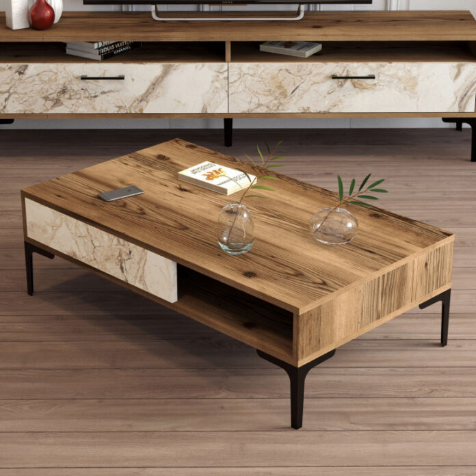 Masuta de Cafea Model Walker, 105x60x32.6 cm, Nuc/Alb marmorat Masuta de Cafea Model Walker, 105x60x32.6 cm, Nuc/Alb marmorat