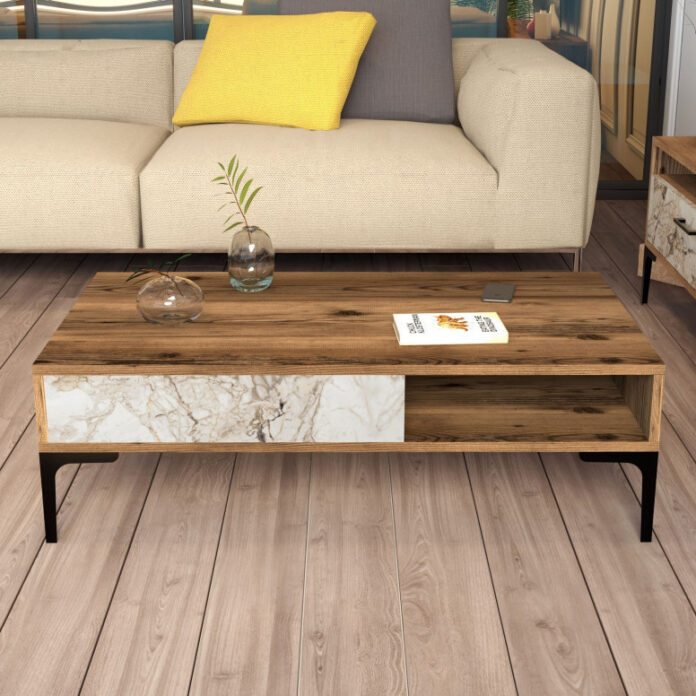 Masuta de Cafea Model Walker, 105x60x32.6 cm, Nuc/Alb marmorat Masuta de Cafea Model Walker, 105x60x32.6 cm, Nuc/Alb marmorat