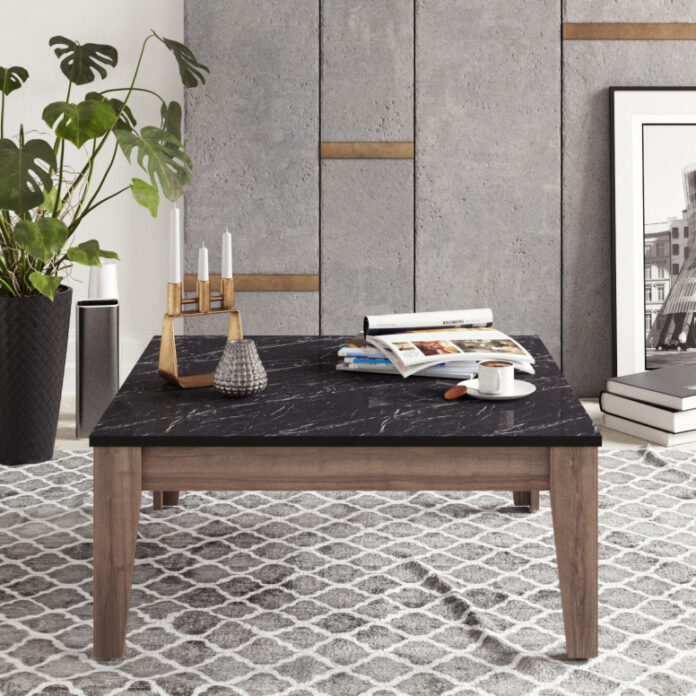 Masuta de Cafea Model Zyair, 85x85x35 cm, Nuc/Negru marmorat Masuta de Cafea Model Zyair, 85x85x35 cm, Nuc/Negru marmorat