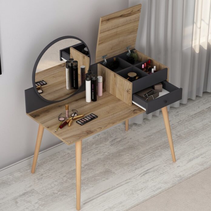 Masuta de Machiaj Model Arellano, 120x60x96 cm, Antracit/Nuc Masuta de Machiaj Model Arellano, 120x60x96 cm, Antracit/Nuc