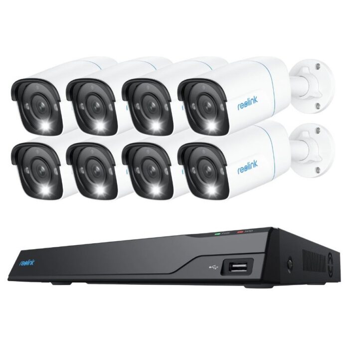 Sistem supraveghere exterior IP Reolink NVS16-8MB8, 8 camere, 4K, 2.8 mm, IR/lumina alba 30 m, spotlight, PoE, vizualizare de pe telefon, detectie persoane/vehicule, microfon si difuzor, 4TB HDD inclus