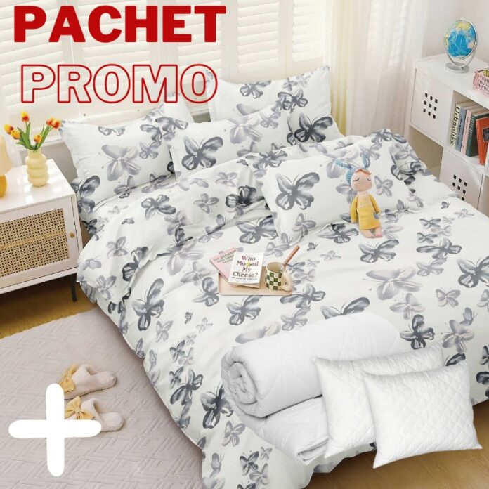 Pachet Lenjerie + Pilota + Perne Pastel Butterfly 4 Piese Pachet Lenjerie + Pilota + Perne Pastel Butterfly 4 Piese