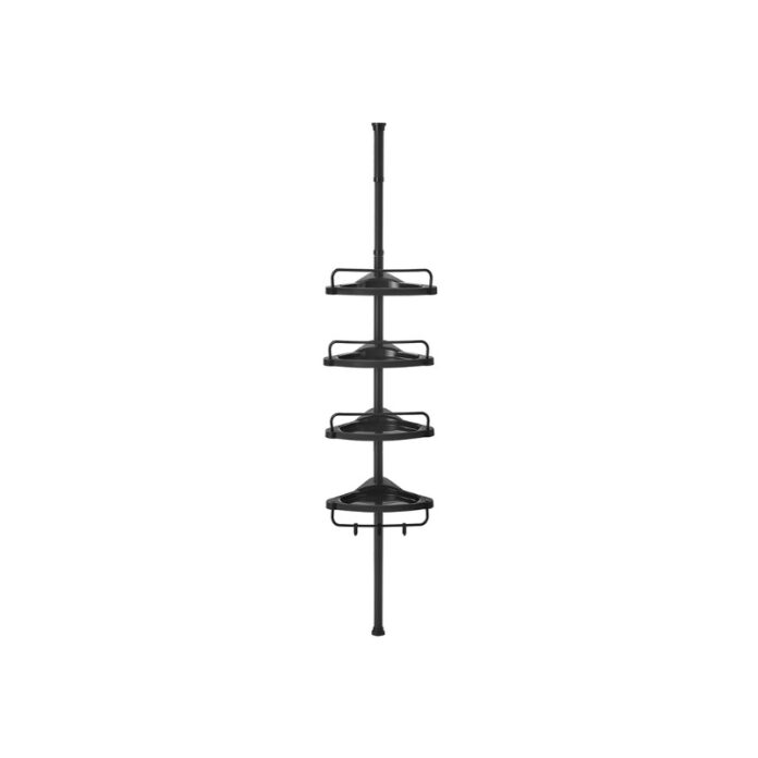 Raft de Colt Reglabil pentru Baie, cu Suport Telescopic pentru dus, 85-305 cm, de la podea pana la tavan, cu 4 Tavi, 3 Carlige, Negru Raft de Colt Reglabil pentru Baie, cu Suport Telescopic pentru dus, 85-305 cm, de la podea pana la tavan, cu 4 Tavi, 3 Carlige, Negru