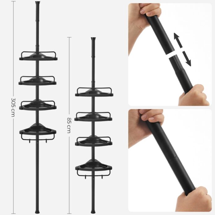 Raft de Colt Reglabil pentru Baie, cu Suport Telescopic pentru dus, 85-305 cm, de la podea pana la tavan, cu 4 Tavi, 3 Carlige, Negru Raft de Colt Reglabil pentru Baie, cu Suport Telescopic pentru dus, 85-305 cm, de la podea pana la tavan, cu 4 Tavi, 3 Carlige, Negru