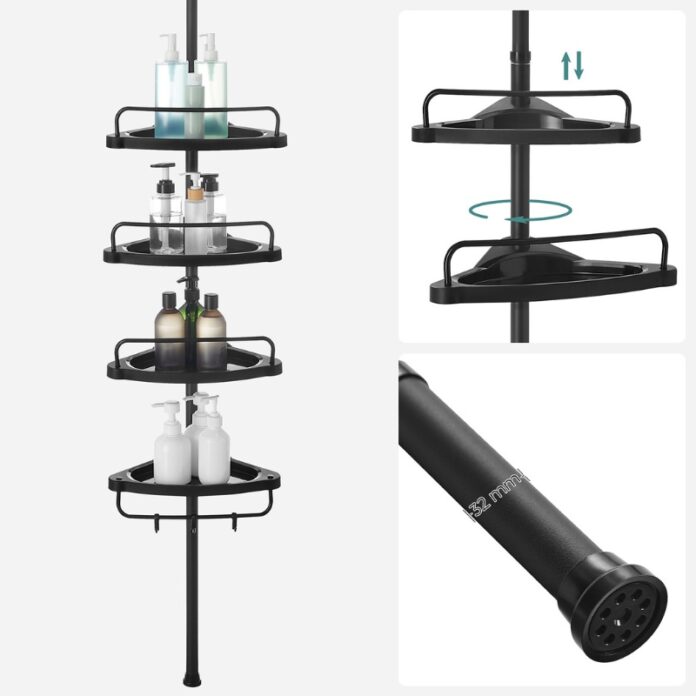 Raft de Colt Reglabil pentru Baie, cu Suport Telescopic pentru dus, 85-305 cm, de la podea pana la tavan, cu 4 Tavi, 3 Carlige, Negru Raft de Colt Reglabil pentru Baie, cu Suport Telescopic pentru dus, 85-305 cm, de la podea pana la tavan, cu 4 Tavi, 3 Carlige, Negru