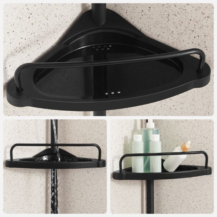 Raft de Colt Reglabil pentru Baie, cu Suport Telescopic pentru dus, 85-305 cm, de la podea pana la tavan, cu 4 Tavi, 3 Carlige, Negru Raft de Colt Reglabil pentru Baie, cu Suport Telescopic pentru dus, 85-305 cm, de la podea pana la tavan, cu 4 Tavi, 3 Carlige, Negru