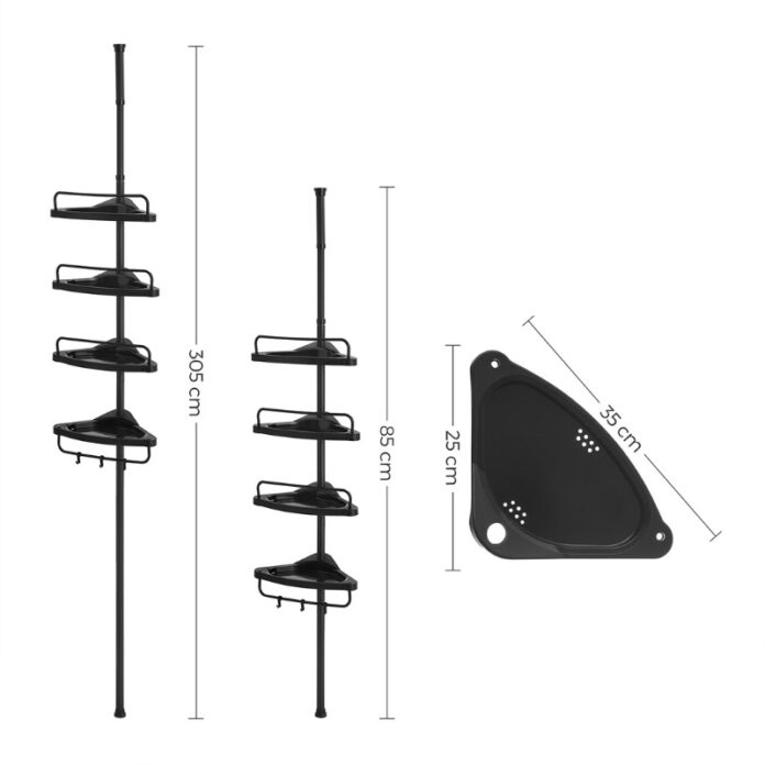 Raft de Colt Reglabil pentru Baie, cu Suport Telescopic pentru dus, 85-305 cm, de la podea pana la tavan, cu 4 Tavi, 3 Carlige, Negru Raft de Colt Reglabil pentru Baie, cu Suport Telescopic pentru dus, 85-305 cm, de la podea pana la tavan, cu 4 Tavi, 3 Carlige, Negru