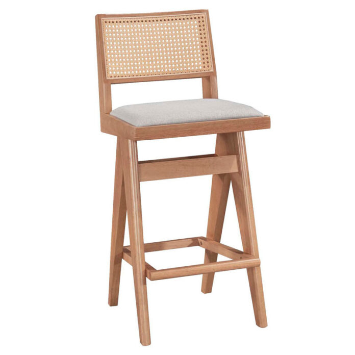 Scaun de bar Winslow lemn de arbore de cauciuc, culoarea nuc deschis pvc ratan culoare lemn natural, material textil gri Scaun de bar Winslow lemn de arbore de cauciuc, culoarea nuc deschis pvc ratan culoare lemn natural, material textil gri