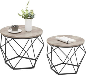 Set 2 măsuțe de cafea VASAGLE, Greige/Negru, PAL și oțel, Ø50/40 cm, stil industrial Set 2 măsuțe de cafea VASAGLE, Greige/Negru, PAL și oțel, Ø50/40 cm, stil industrial