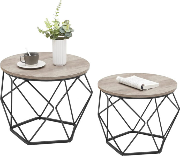 Set 2 măsuțe de cafea VASAGLE, Greige/Negru, PAL și oțel, Ø50/40 cm, stil industrial Set 2 măsuțe de cafea VASAGLE, Greige/Negru, PAL și oțel, Ø50/40 cm, stil industrial