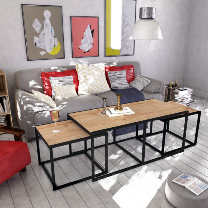 Set 3 Masute de Cafea Model Banks, 120x60x50/60x60x45 cm, Stejar/Negru Set 3 Masute de Cafea Model Banks, 120x60x50/60x60x45 cm, Stejar/Negru